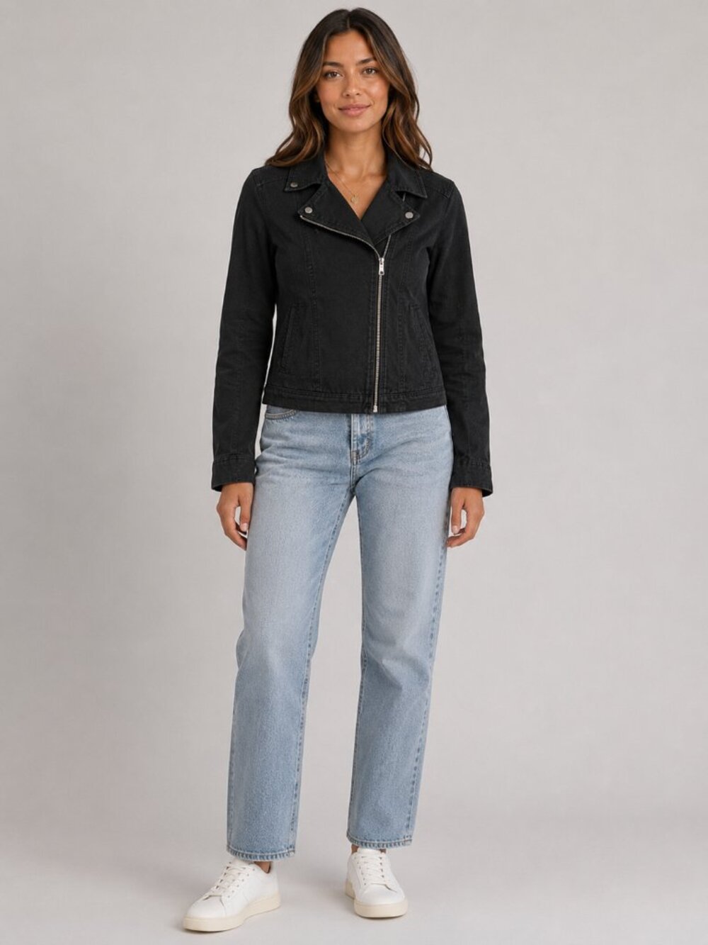 Old Navy Black Moto Jacket Women's Medium Zip Front Denim Biker Coat Size Medium - Picture 2 of 11